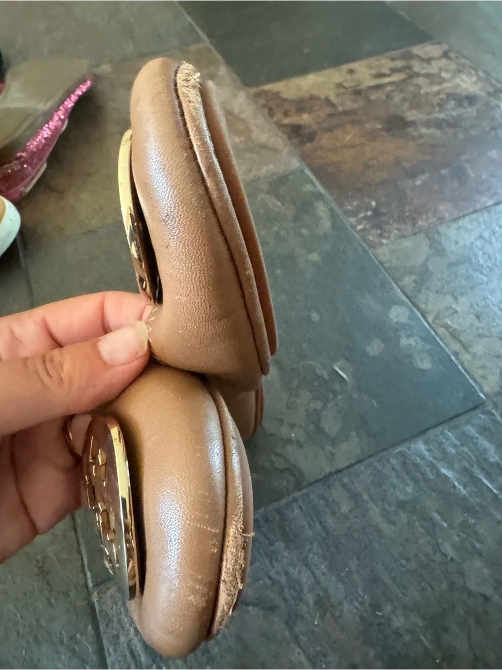 Tory Burch Tan Leather Logo Ballet Flats